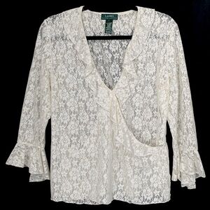 Lauren Ralph Lauren Sheer Lace Surplice Neckline Top